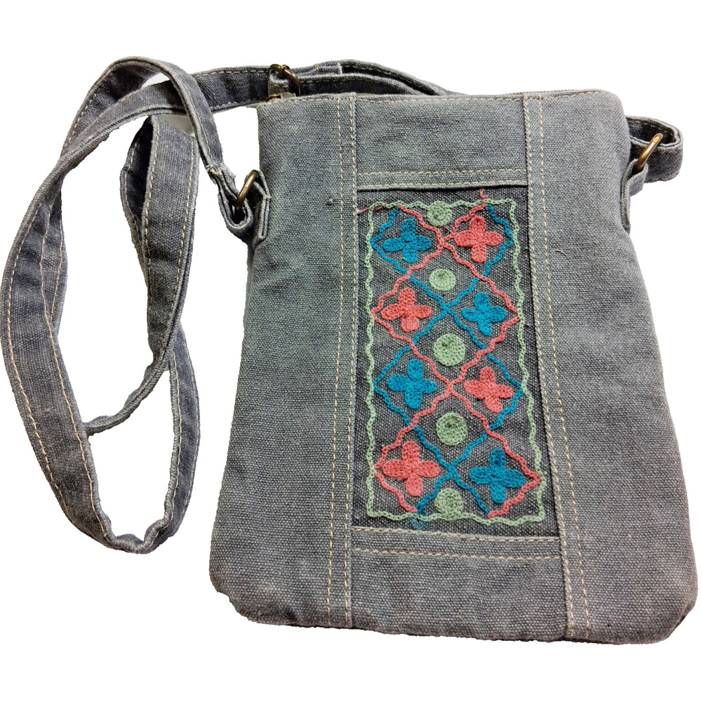 Vintage Addiction CROSSBODY PURSE Gray Canvas Boho RETRO Embroidered 9"-PreOwned